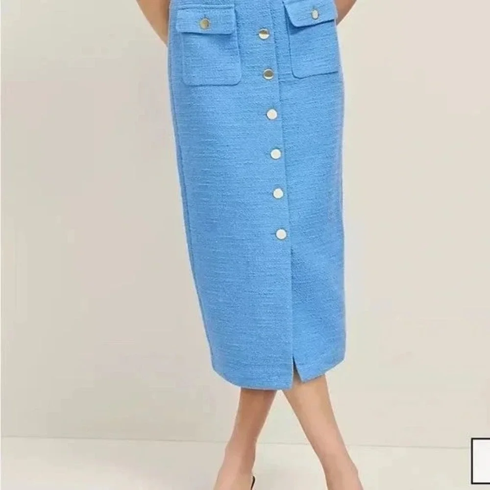 Ann Taylor Maritime Blue Tweed Gold Button Front Midi Pencil Skirt Size 10P